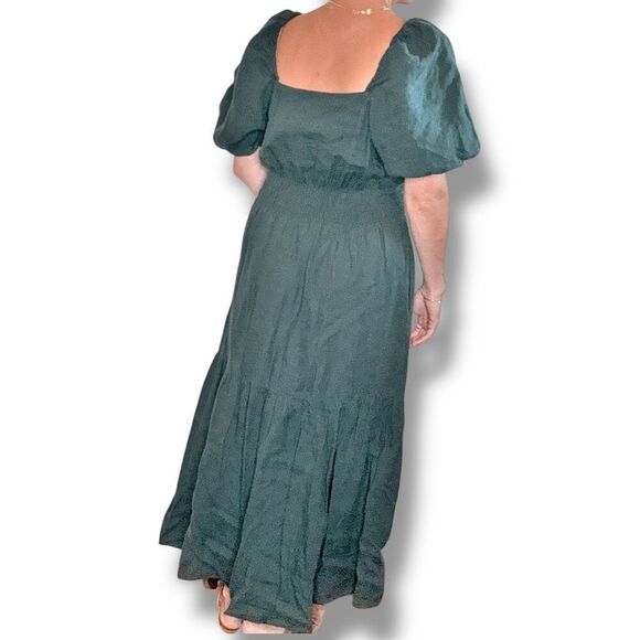 Ann Mashburn Dark Green Square Neck Puff Sleeve Linen Maxi Dress Women’s Size M - Picture 12 of 14